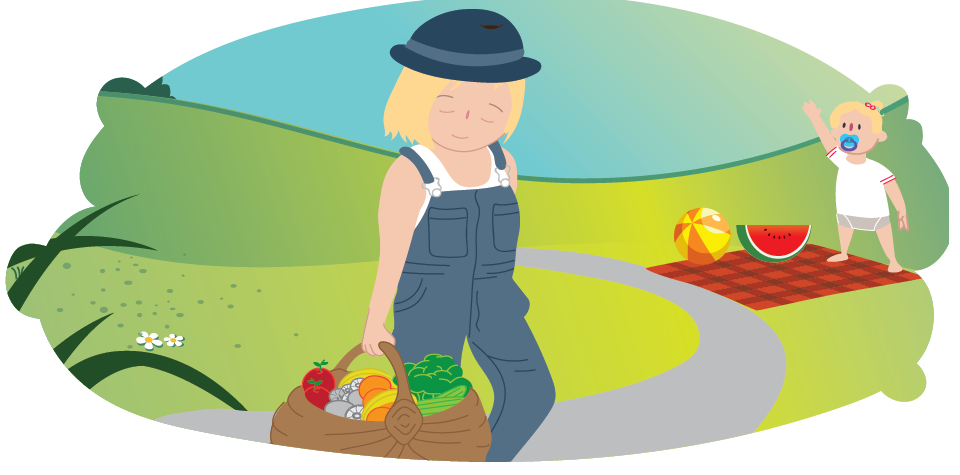 Girl with fruit basket and baby on picnic rug surrounded by fruit