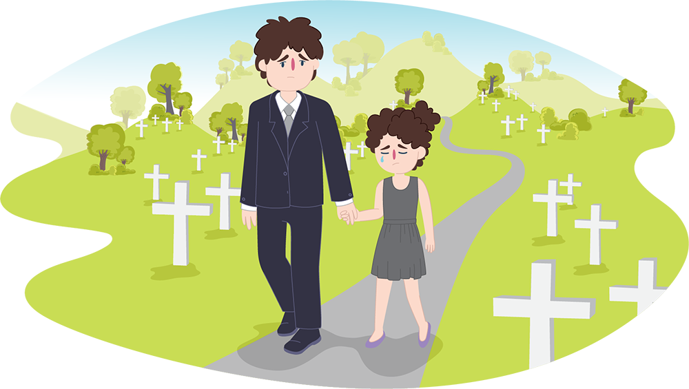 Child and male parent or carer walking through a cemetery after a funeral