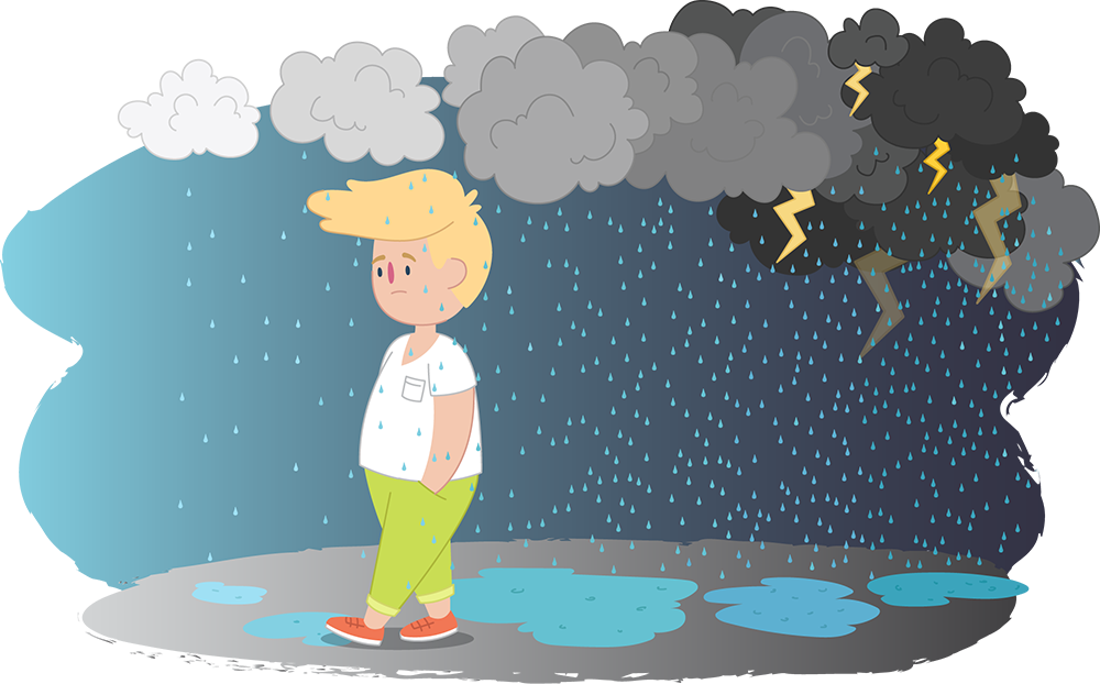 Boy walking through rainy cloudy skies towards light