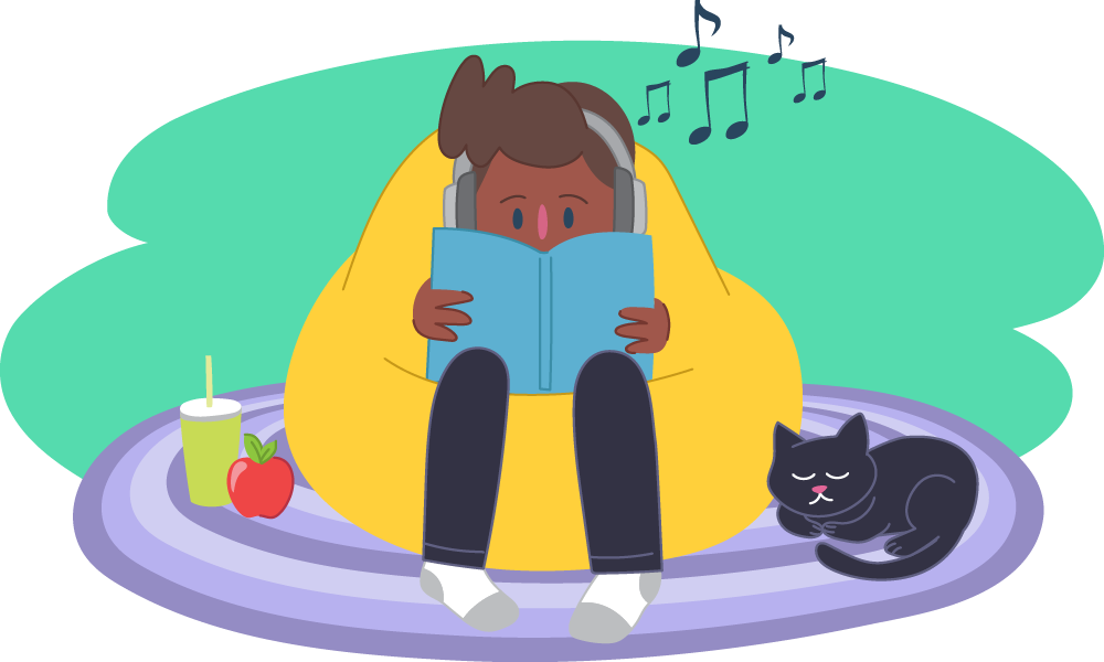 Child reading a book while listening to music accompanied by cat