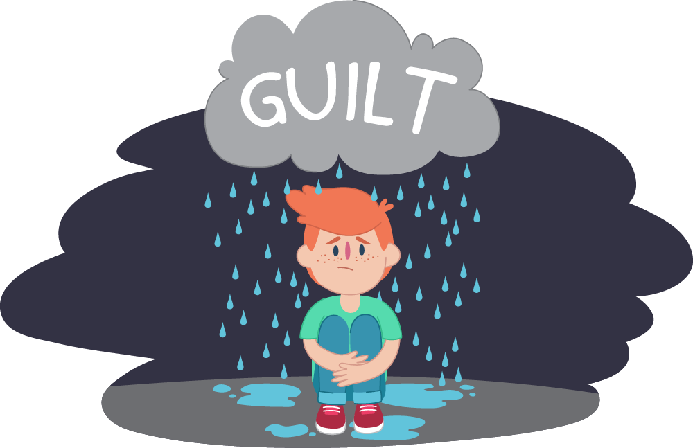 Little boy sitting under "guilt" rain cloud