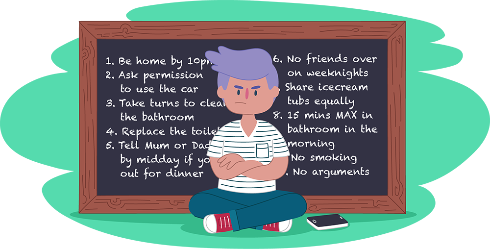 Teen with crossed arms in front of blackboard with rules