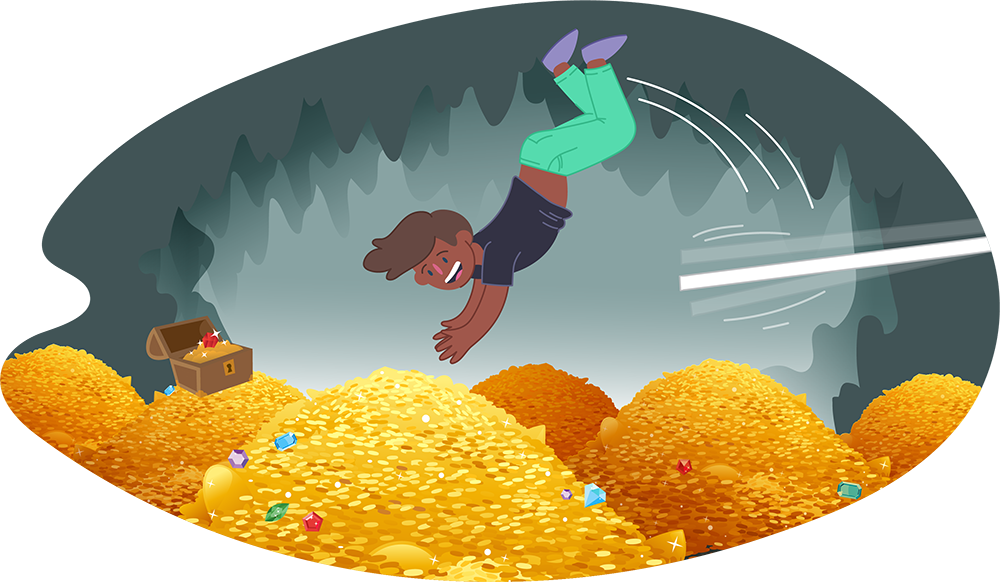 Teen jumping into mounds of gold coins