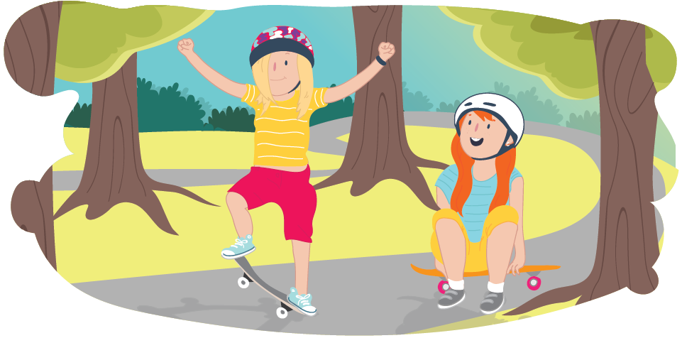 Two kids on skateboards in a park having fun