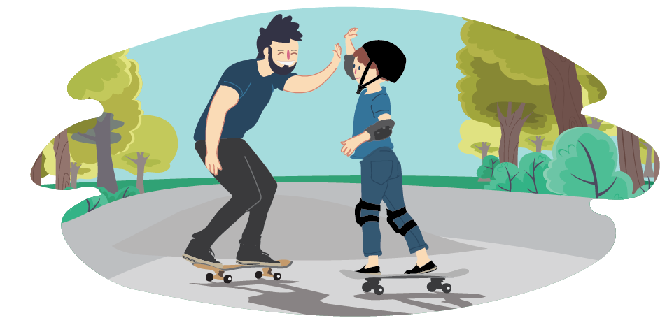 Parent and son skateboarding together and high-fiving