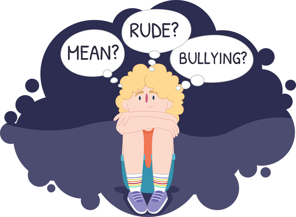 Uncertain young person surrounded by the words Mean, Rude, Bullying