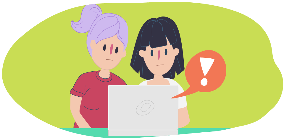 Two girls looking at laptop with exclamation point