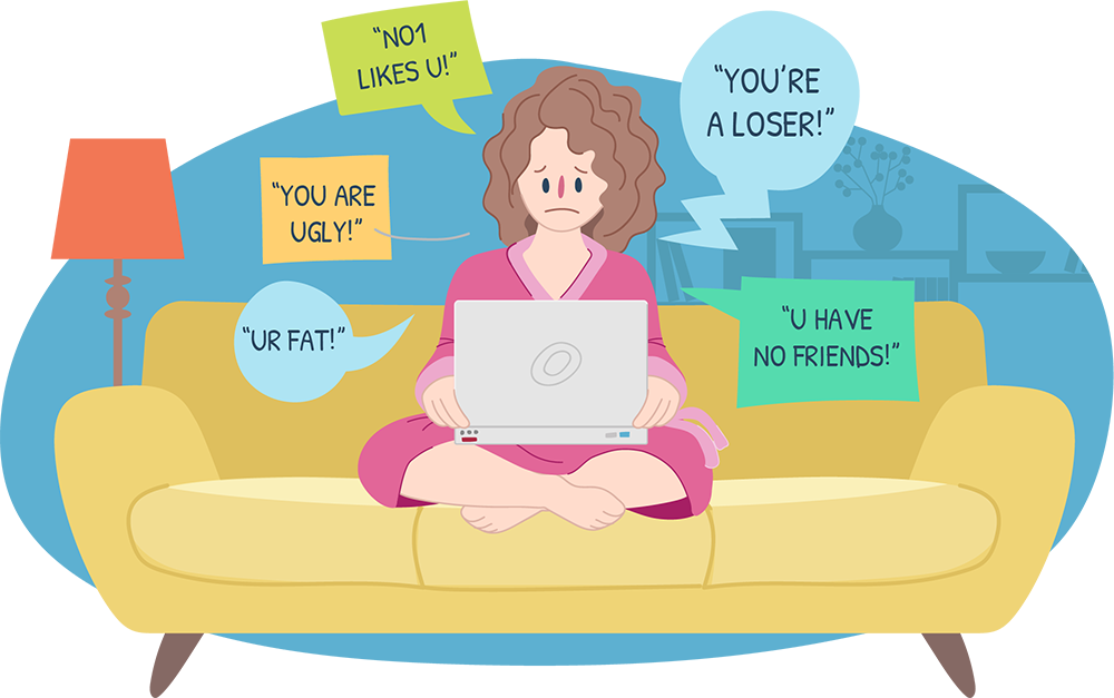 Upset teen girl sitting on couch being cyberbullied