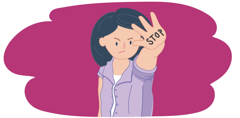 Girl holding up her palm with STOP written on it