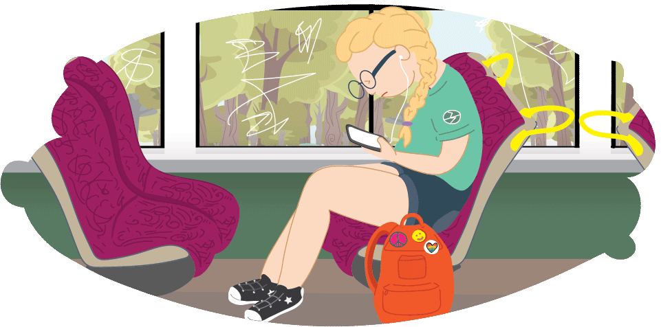 Girl sitting on train texting mum that she is staying at dad's house tonight