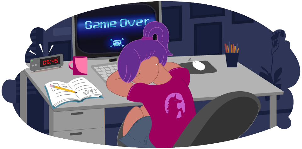 Girl sleeps in front of computer screen that says "game over"