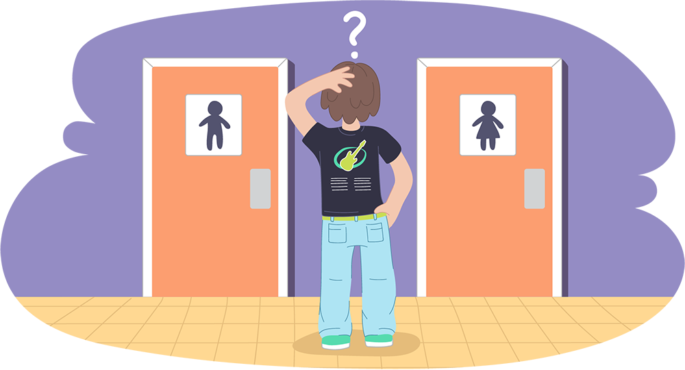 Young person standing in front of mens and ladies toilet doors confused about which one to go through