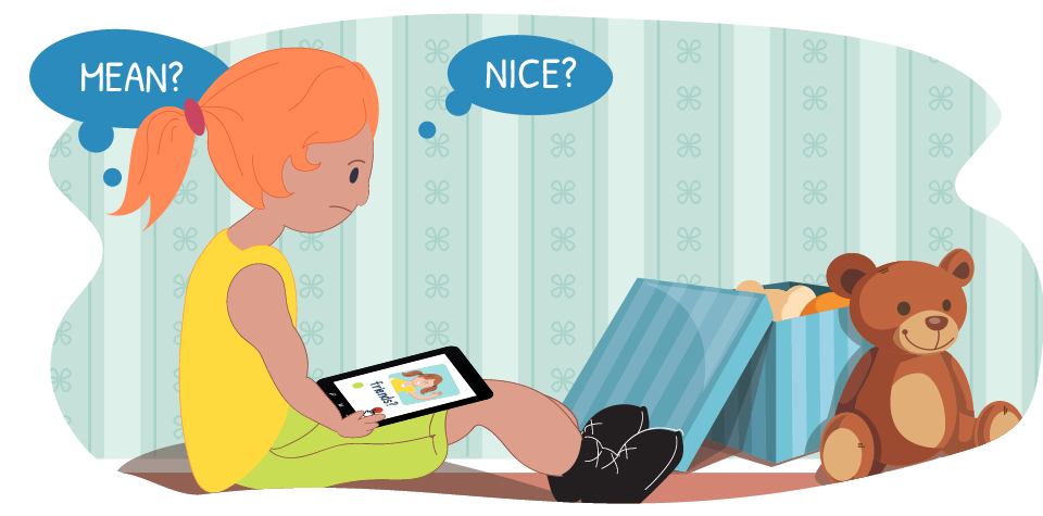 Girl on device with thought bubbles "nice?" or "mean?" 