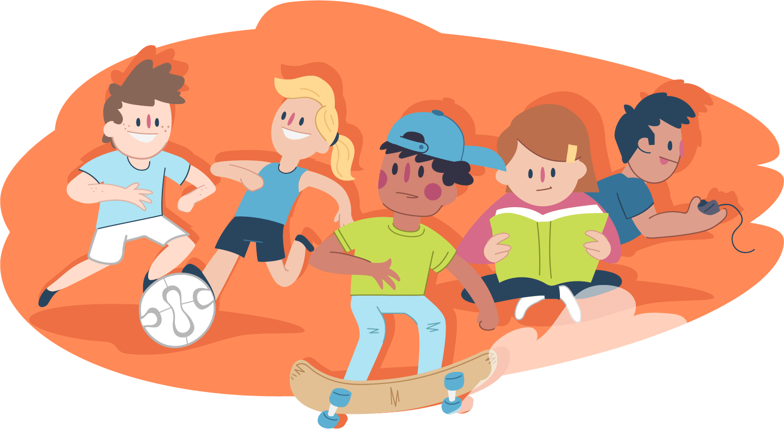 Diverse group of children playing sports, reading, gaming