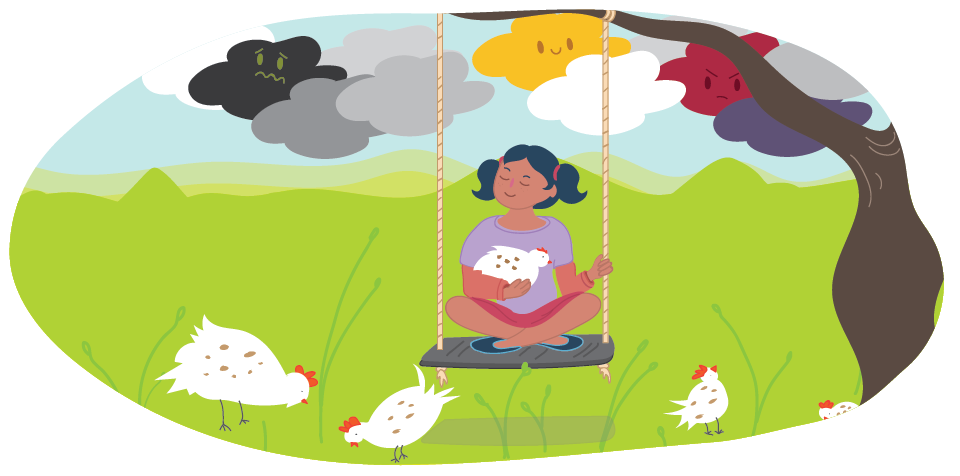 Girl sitting on swings alone with chickens