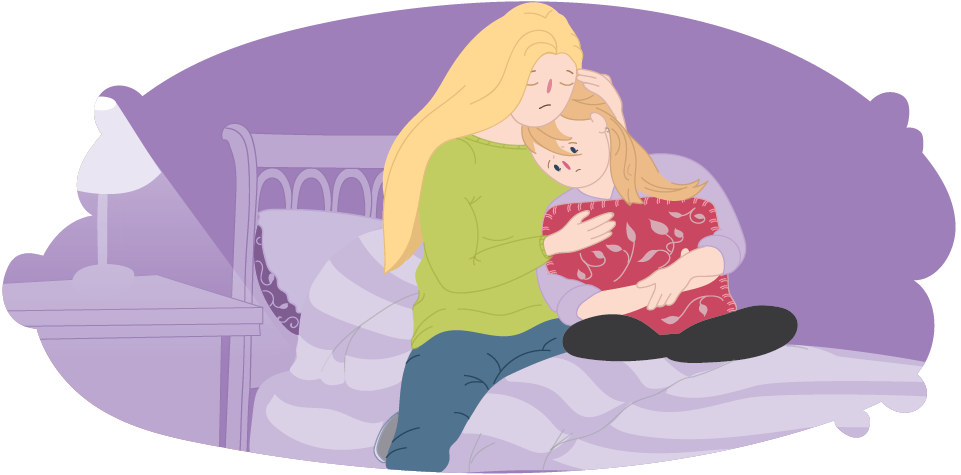 Upset girl on bed hugging pillow, being hugged by mother