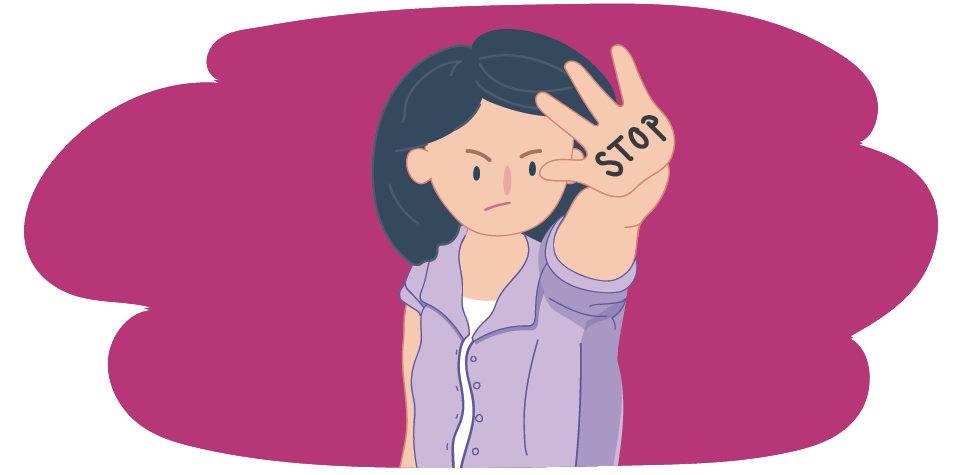 Girl holding her palm out with STOP written on it